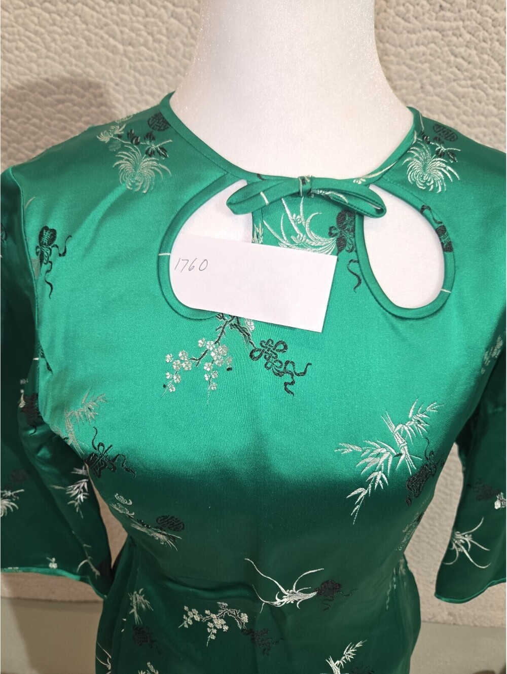 vintage silk blend dress Emerald Green Embroidered Floral Asian Inspired 90s - Picture 11 of 11